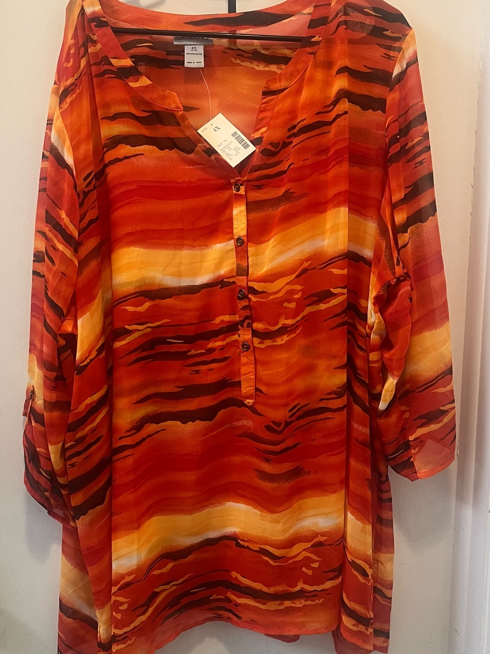 Catherines Orange Red Striped Button-Front Tunic